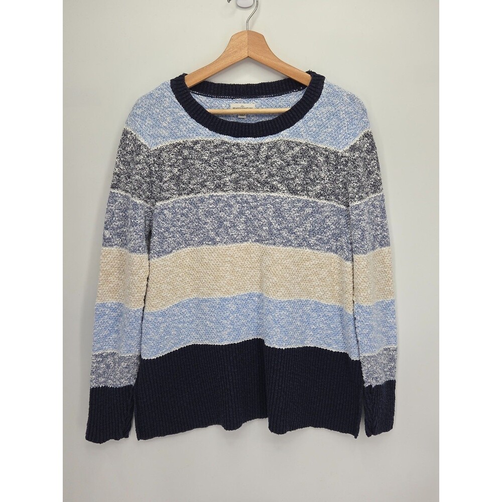 LL Bean Signature Tunic Sweater Textured Cotton Linen Stripes Size Large